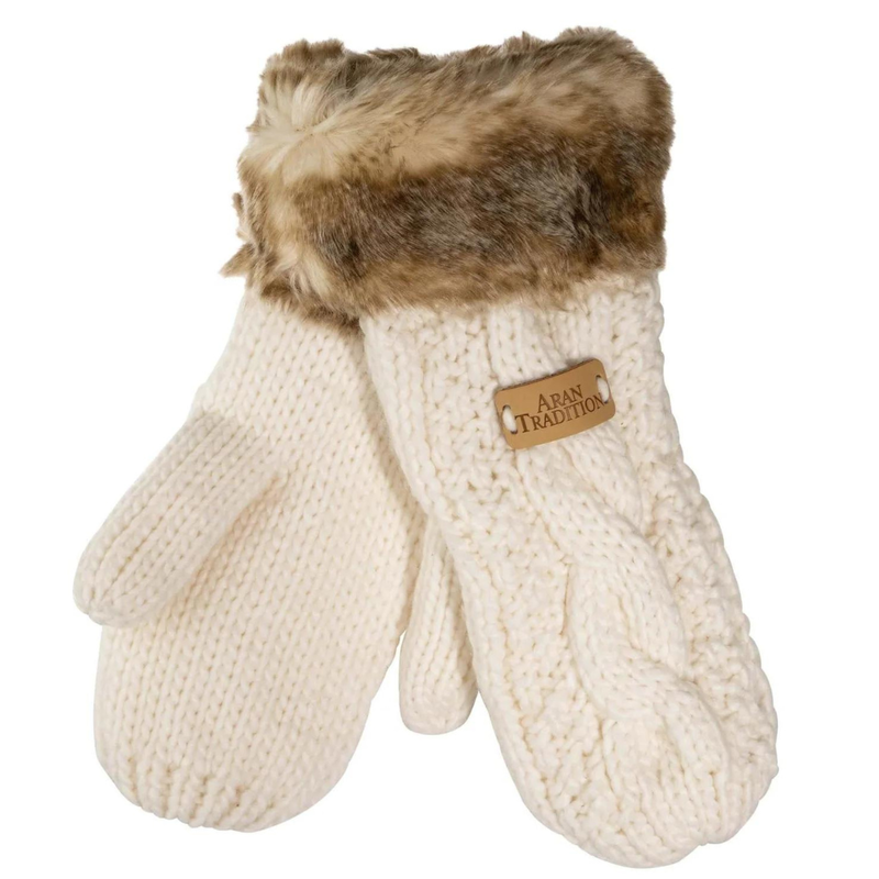 Ladies Knitted Mittens With Fur Trim Cream